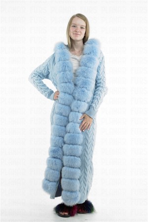 Blue Fox Fur Collar Cardigan Long Cashmere Coat Hoodies
