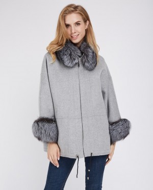 Cashmere Cardigan Cape with Silver Fox Fur Trimming