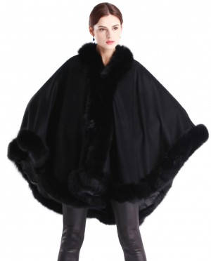 Fox Fur Collar Cashmere Poncho Cape