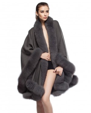 Cashmere Cape with Fox Fur Trim, Grey