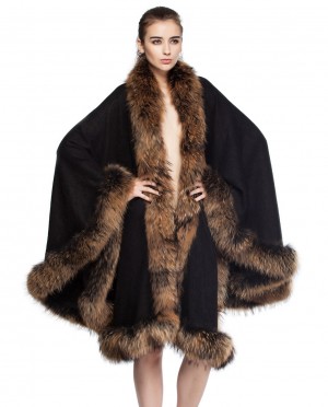 Black Cashmere Cape with Raccoon Fur Trim