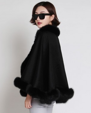 Cashmere Cape with Fox Fur Trim-Black