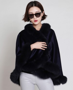 Cashmere Cape with Fox Fur Trim-Navy
