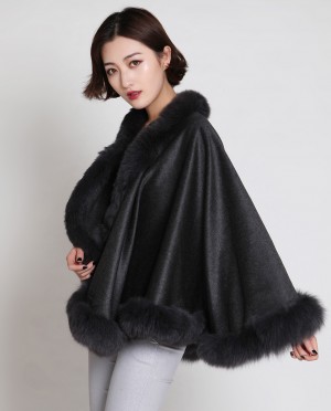 Cashmere Cape with Fox Fur Trim-Slate-Gray
