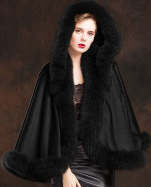 Fox Trimmed Cashmere Cape with Hood-Black