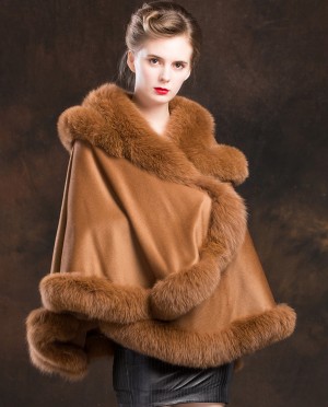 Fox Trimmed Cashmere Cape with Hood-Camel