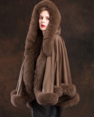 Fox Trimmed Cashmere Cape with Hood-Coffee