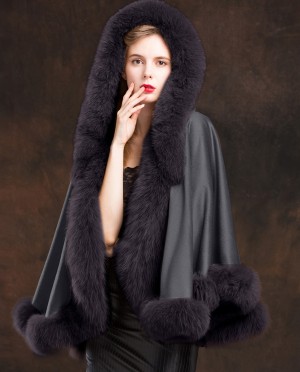 Fox Trimmed Cashmere Cape with Hood-Gray