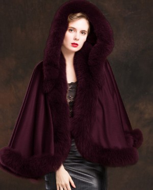 Fox Trimmed Cashmere Cape with Hood-Wine