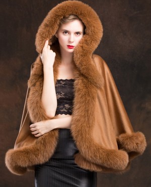 Fox Trimmed Cashmere Cape with Hood