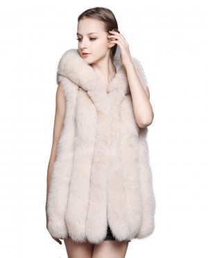 Womens Hooded Real Fox Fur Gilet Waistcoat