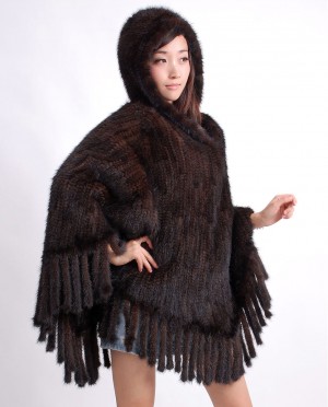 Hooded Mink Fur Knitted Cape