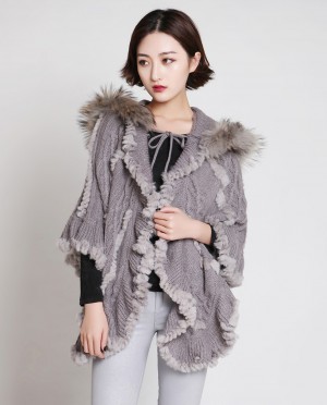 Rabbit Fur Knit Cape With Raccoon Fur Trim