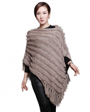 Rabbit Fur Knitted Poncho with Wool Knitting