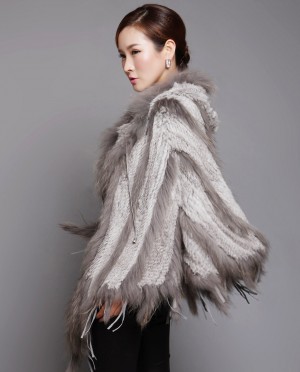 Hooded Knitted Rabbit Fur Cape with Raccoon Fur trim