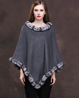 Cashmere Poncho with Rex Rabbit Fur Trim
