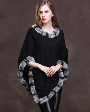 Cashmere Poncho with Rex Rabbit Fur Trim