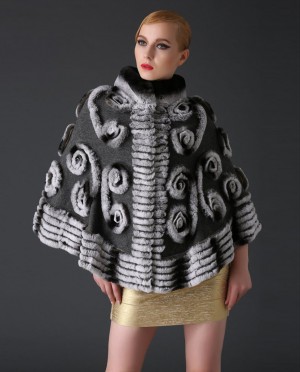 Cashmere Poncho with Rex Rabbit Fur Trim