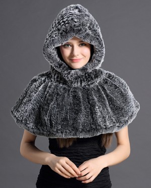 Hooded Knitted Rex Rabbit Fur Capelet