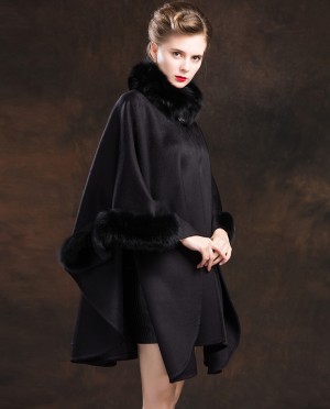 Cashmere Cape with Fox Fur Trim-Black