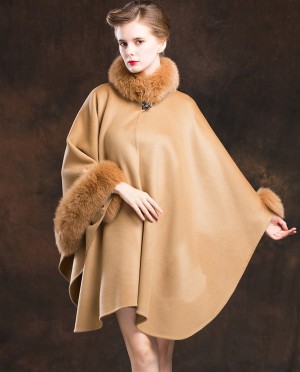 Cashmere Cape with Fox Fur Trim-Camel