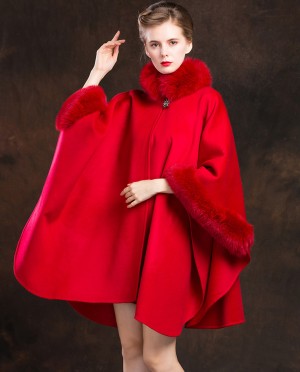 Cashmere Cape with Fox Fur Trim-Red