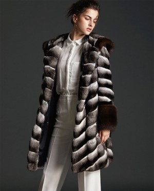 Hooded Chinchilla Fur Coat with Sable Fur Trimming