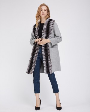 Cashmere Cardigan Coat with Rex Rabbit Fur Trimming