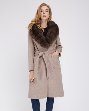 Cashmere Long Coat with Fox Fur Trimmed Collar