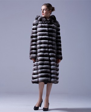 3/4 Length Chinchilla Fur Long Coat with Hood