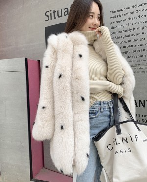 Cream-White Fox Fur Coat with Black Dots