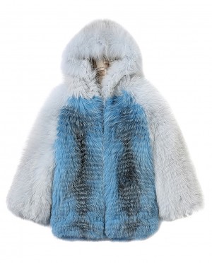 Shadow Blue Frost Fox Fur Hooded Coat in Two-Tone