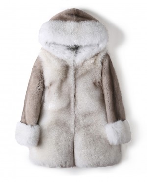 Hooded Fox Fur Coat with Mink Fur Sleeves