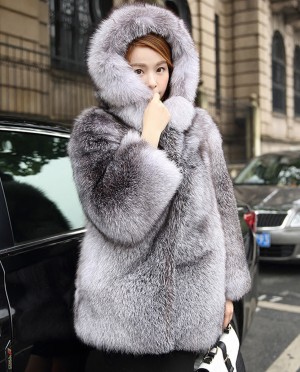 Blue Frost Fox Fur Coat with Hood