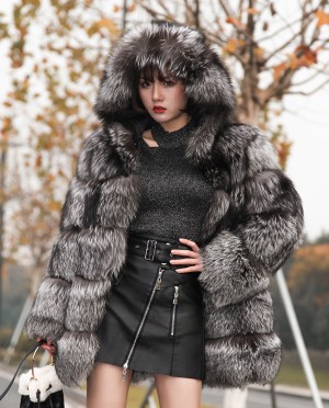 Silver Fox Fur Coat with Hood