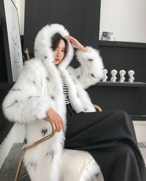 Hooded Knitted White Fox Fur Long Coat