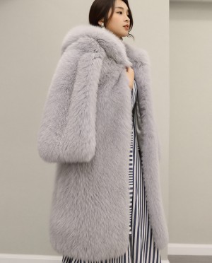 Hooded Fox Fur Long Coat