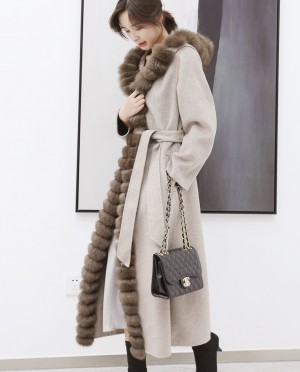 Fox Fur Trimmed Cashmere Long Belted Hooded Coat
