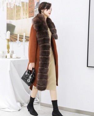 Fox Fur Trimmed Cashmere Long Belted Coat