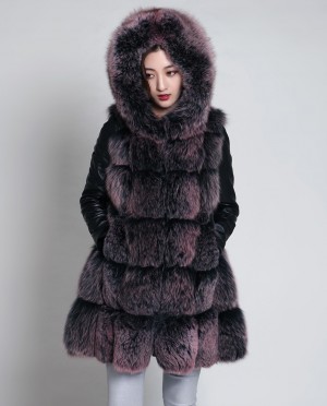 Hooded Fox Fur Coat with Leather Sleeves