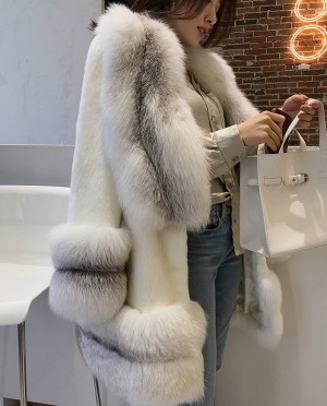 White Mink Fur Coat with Shadow Blue Frost Fox Fur Trim