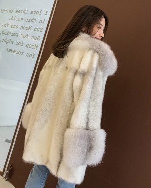 Silver-Cross Mink Fur Coat with Shadow-Blue-Frost Fox Fur Trim