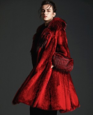 Black Cross Mink Fur Long Coat With Silver Fox Fur Trim in Red