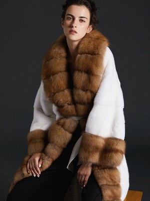 Sable Fur Trimmed Mink Fur Long Coat