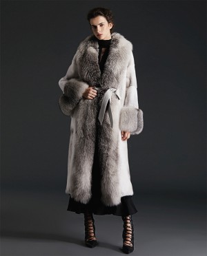 Cross Mink Fur Long Coat With Shadow Blue Frost Fox Fur Trim