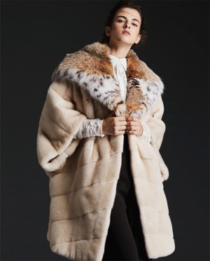 Hooded Cape Look Mink Fur Coat with Lynx Fur Trimming