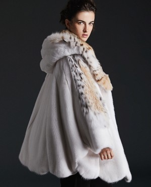 Hooded Cape Look Mink Fur Coat with Lynx Fur Trimming