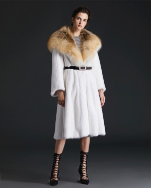 Hooded Mink Fur Long Coat with Gold Island Fox Fur Trim