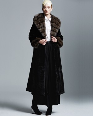 Hooded Mink Fur Long Coat with Sable Fur Collar and Cuffs