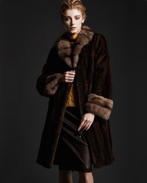 Brown Mink Fur Coat with Sable Fur Collar and Cuffs